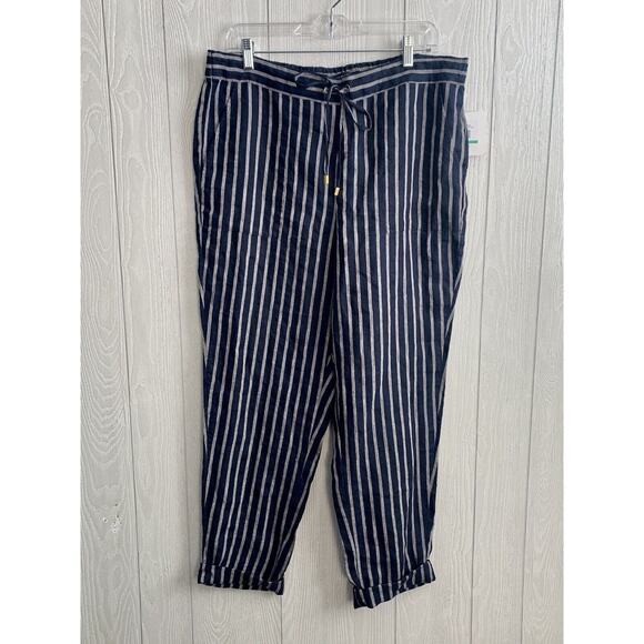 Ellen Tracy Blue Stripe Linen Pant Size Large NWT - Picture 1 of 5